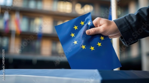 Hand casting vote with european union flag at polling station