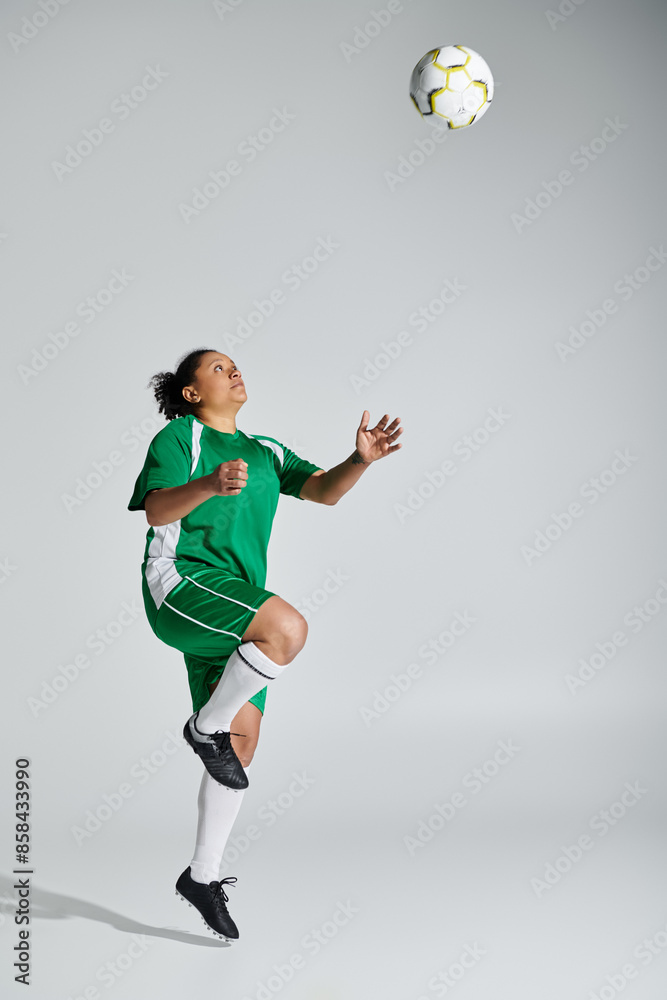 A female athlete in a green uniform jumps to head the ball during a football match. A female athlete in a green uniform jumps to head the ball during a football match.
