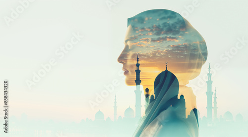 The silhouette of a muslim woman's head with a mosque city reflection, in a double exposure. A colorful gradient sunset sky isolated on a white background. Copy space, Place for signature. photo