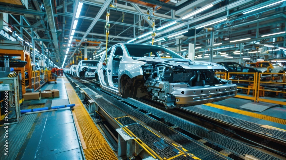 Modern car assembly line in a busy factory Modern car assembly line in a busy factory