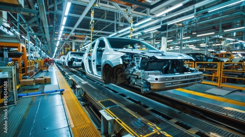 Modern car assembly line in a busy factory