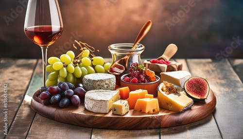 Decadent Cheese Board- Depict an elegant cheese board with a variety of cheeses, crackers