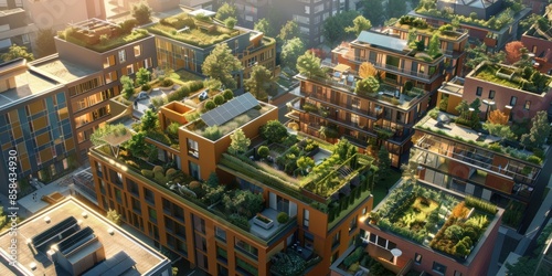 Modern apartment complex with green rooftops and solar panels, emphasizing sustainable urban living and nature integration
