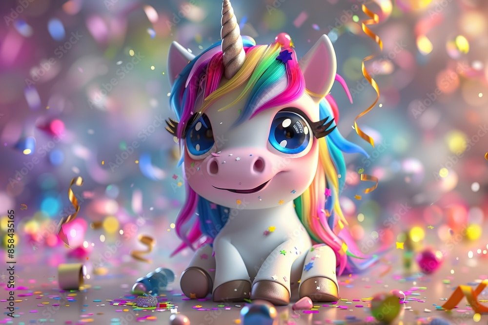 Fototapeta premium Illustration of cute baby unicorn on blurred confetti background