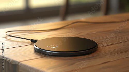 A black wireless charger sits on a wooden table