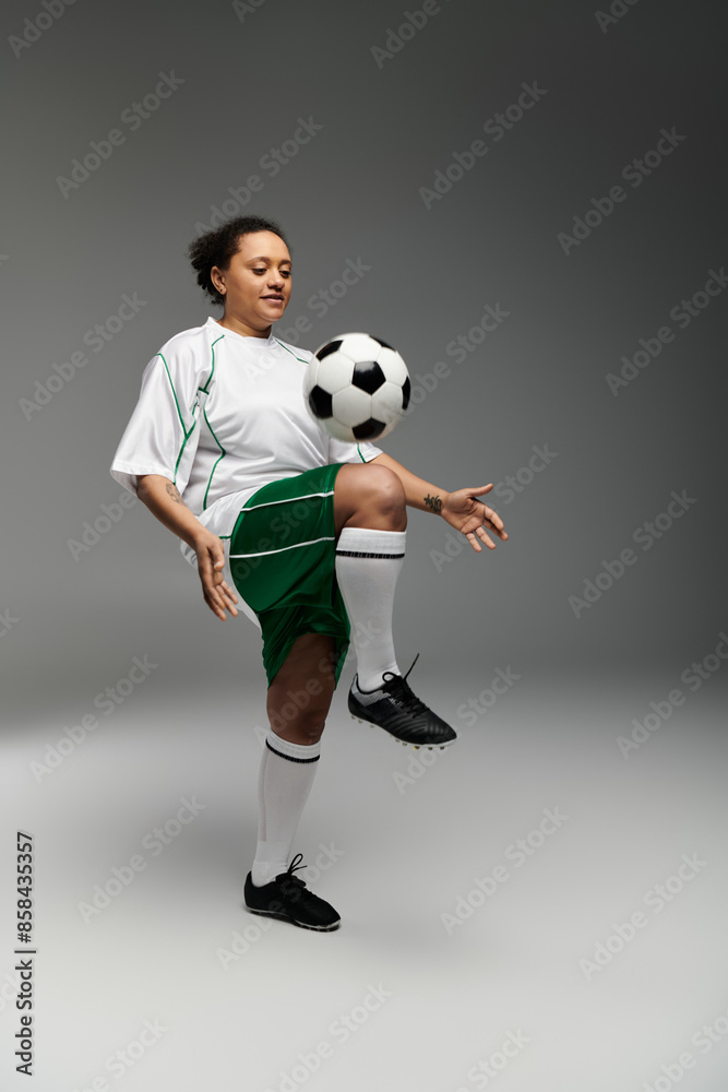 A woman in a white jersey and green shorts juggles a soccer ball in a studio setting. A woman in a white jersey and green shorts juggles a soccer ball in a studio setting.