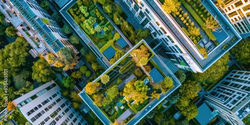 Aerial view of urban buildings with green rooftops, solar panels, and lush gardens, showcasing sustainable living and nature integration