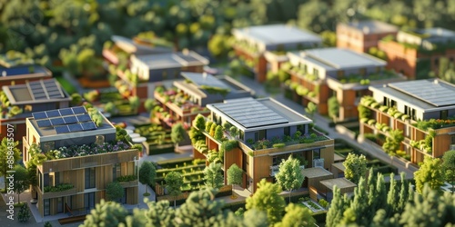 Eco-friendly residential community with green roofs, solar panels, and lush gardens, emphasizing sustainable living