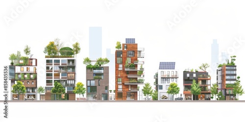 odern urban buildings with green rooftops, solar panels, and vertical gardens, demonstrating integration of nature in city living