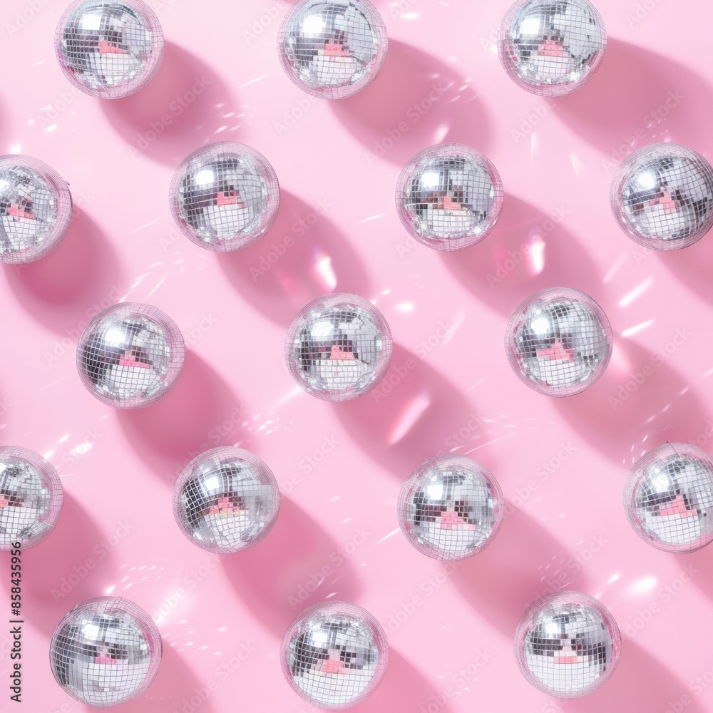 Vibrant Pattern of Silver Disco Balls on Pastel Pink Background Creating Festive Mood Vibrant Pattern of Silver Disco Balls on Pastel Pink Background Creating Festive Mood