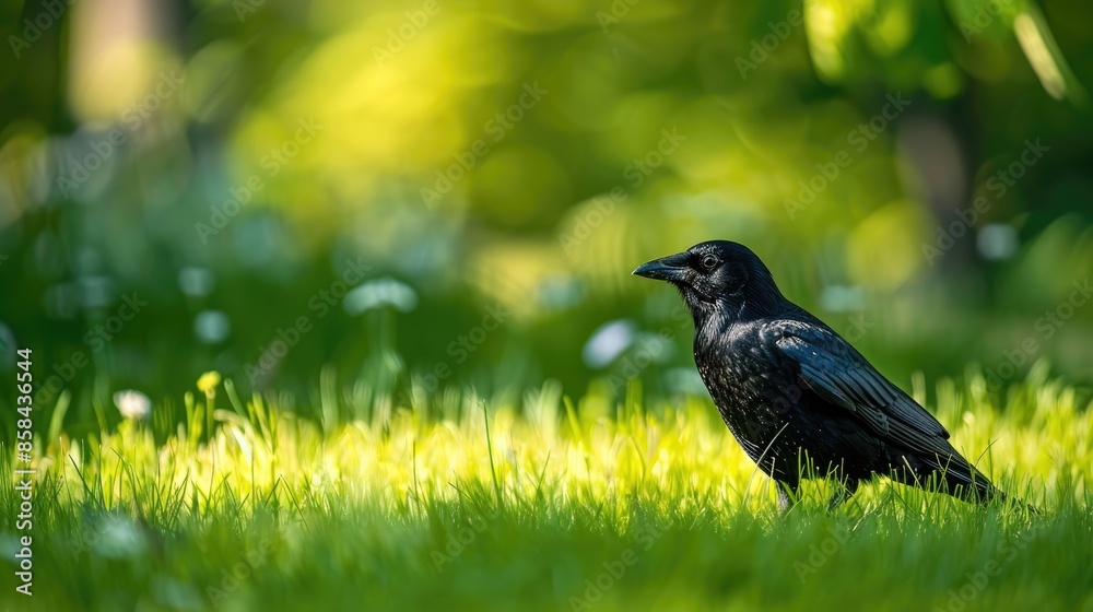 A single glossy black cowbird strolling among green grass in a yard A single glossy black cowbird strolling among green grass in a yard