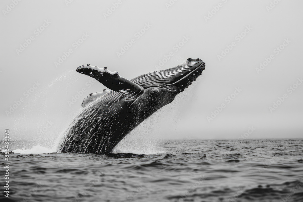 Fototapeta premium A whale breaches the ocean surface, creating a spectacular splash.