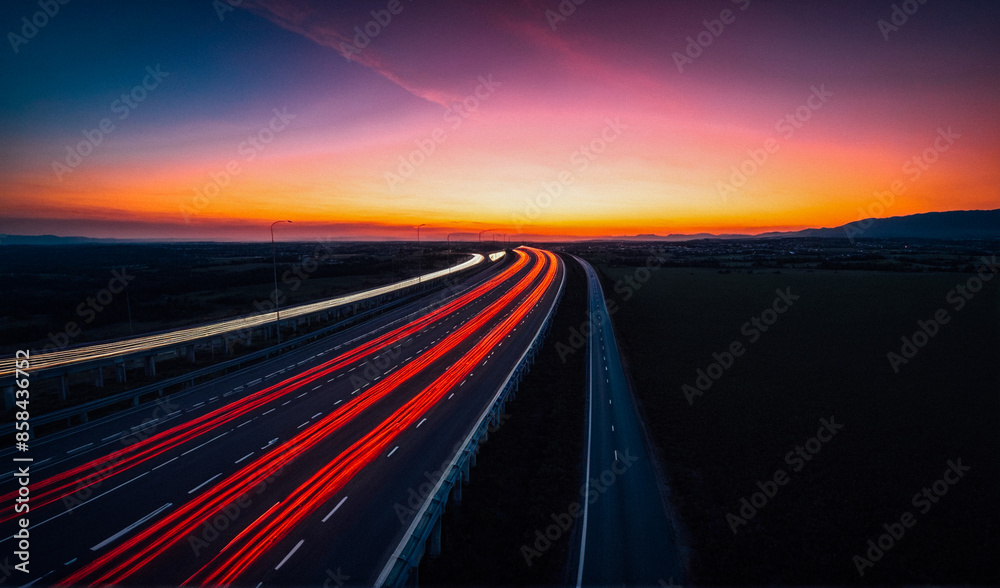 Fototapeta premium Blurred rays of light from cars passing along the highway at dawn. View from above. Scenery.