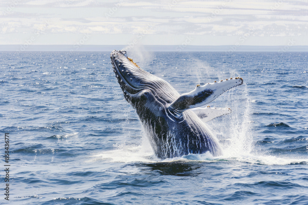 Fototapeta premium A whale breaches the ocean surface, creating a spectacular splash.
