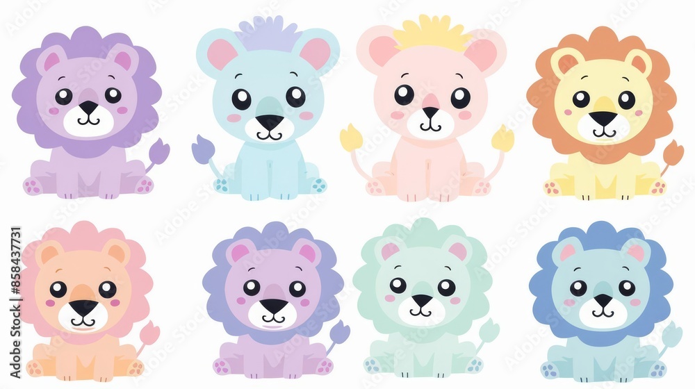 Whimsical kawaii lions clip art set, featuring cubs with oversized eyes and fluffy manes in pastel colors, on white Whimsical kawaii lions clip art set, featuring cubs with oversized eyes and fluffy manes in pastel colors, on white