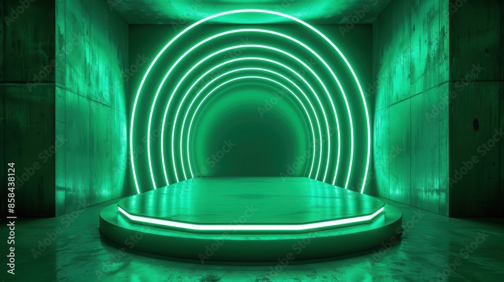 Fototapeta premium Futuristic green neon lights showcase platform