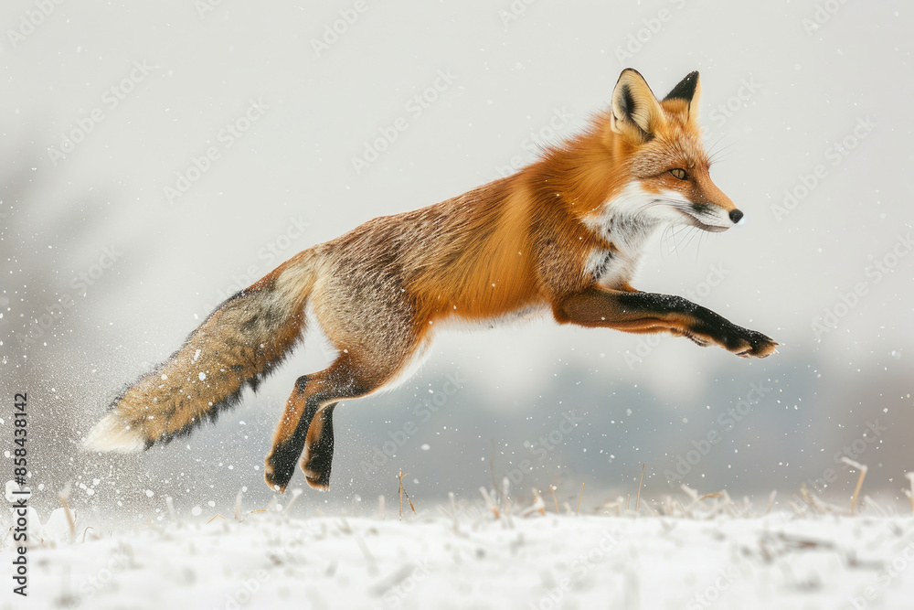 Fototapeta premium A fox leaps through a snowy field, mid-air with a determined expression