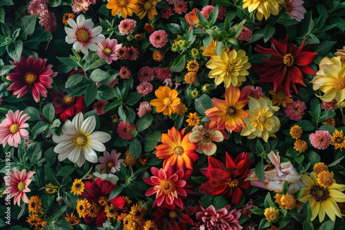 A vibrant top-down view of a diverse mix of flowers bathed in sunlight