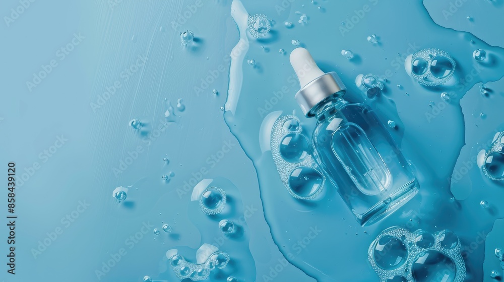 Liquid with bubbles on blue background Organic skincare products Selective focus
