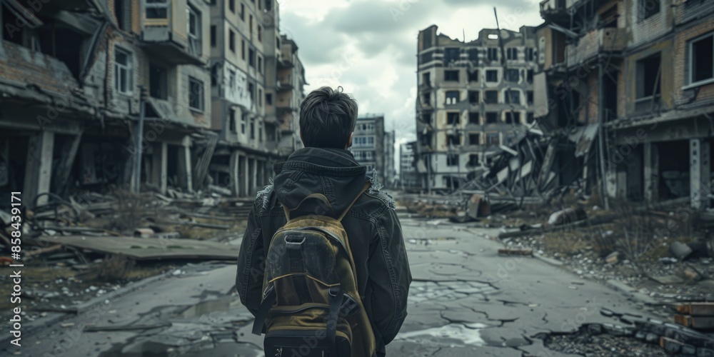 A person walking down a city street carrying a backpack, good for use in travel or adventure-related contexts A person walking down a city street carrying a backpack, good for use in travel or adventure-related contexts
