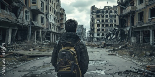 A person walking down a city street carrying a backpack, good for use in travel or adventure-related contexts