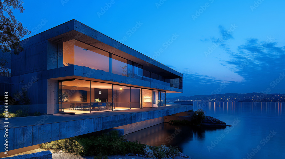 a modern house on the lake shore is reflected in the water, trees near the house a modern house on the lake shore is reflected in the water, trees near the house
