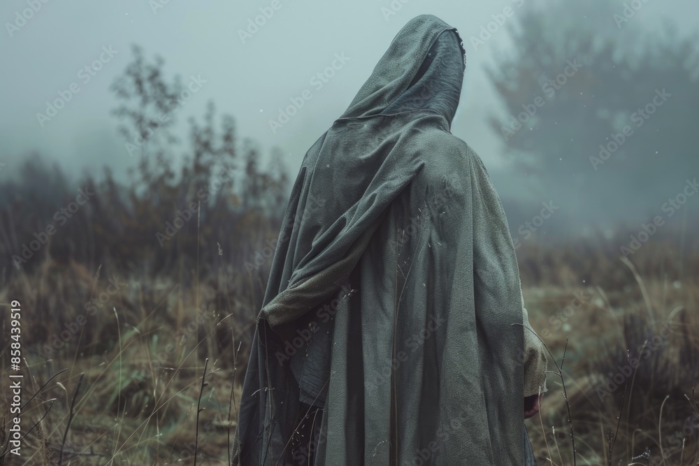 A person wearing a cloak stands alone in an open field, looking out at the horizon A person wearing a cloak stands alone in an open field, looking out at the horizon