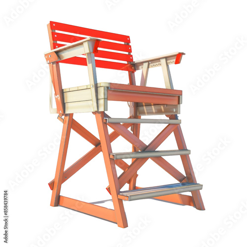 Wooden lifeguard chair with red and white paint isolated on white background, perfect for beach and outdoor safety themes.