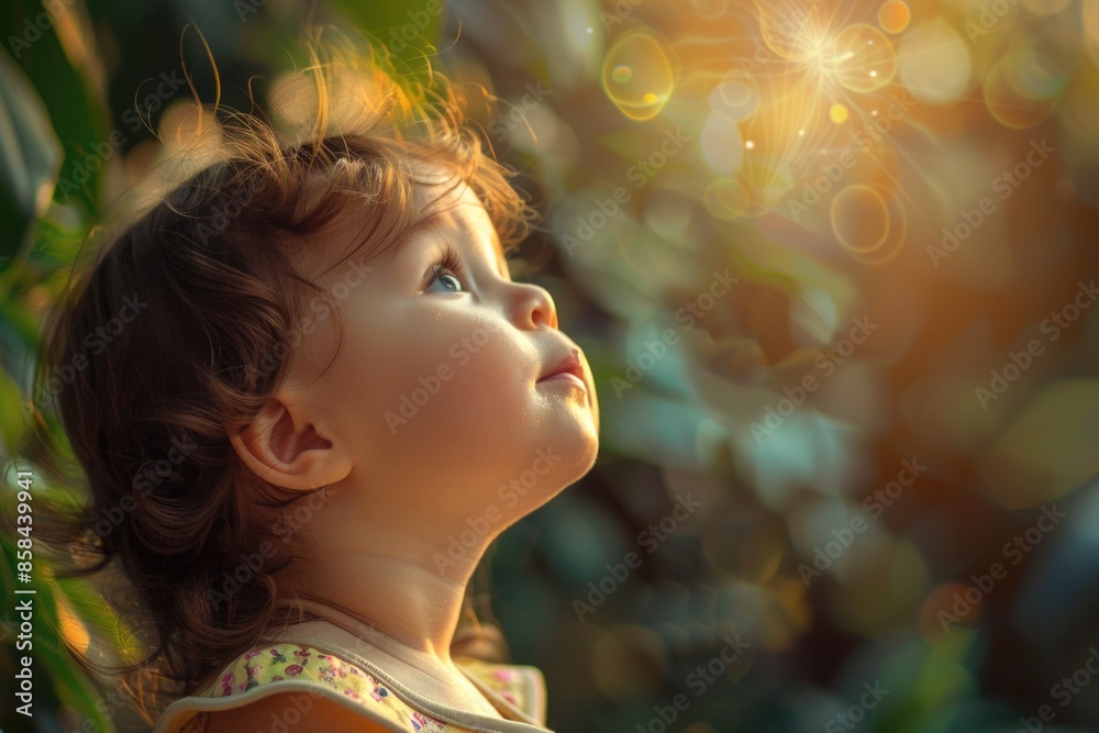 A young girl gazing up at the sun on a clear day, with a smile on her face A young girl gazing up at the sun on a clear day, with a smile on her face