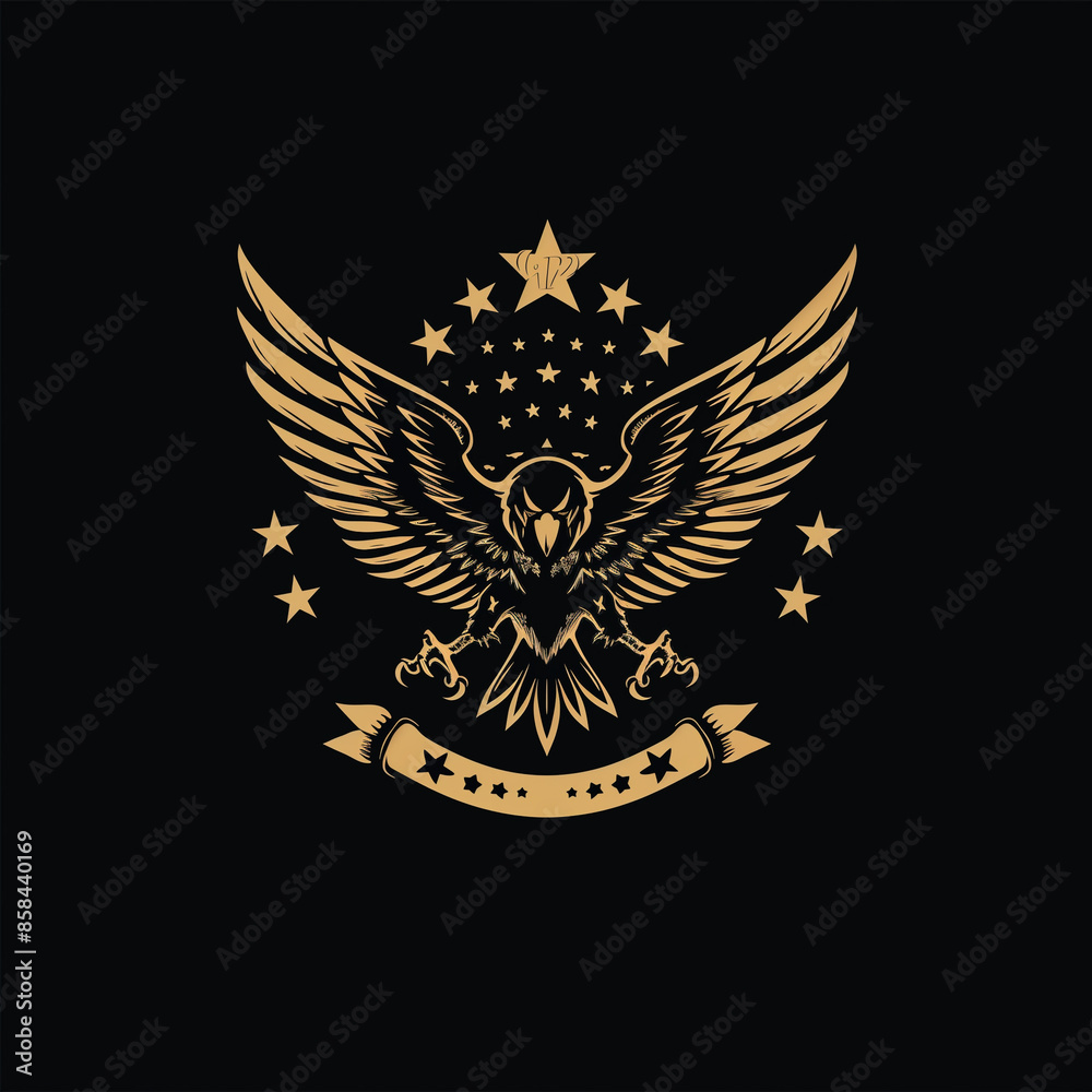 A golden eagle with outstretched wings, holding a ribbon and stars Logo A golden eagle with outstretched wings, holding a ribbon and stars Logo