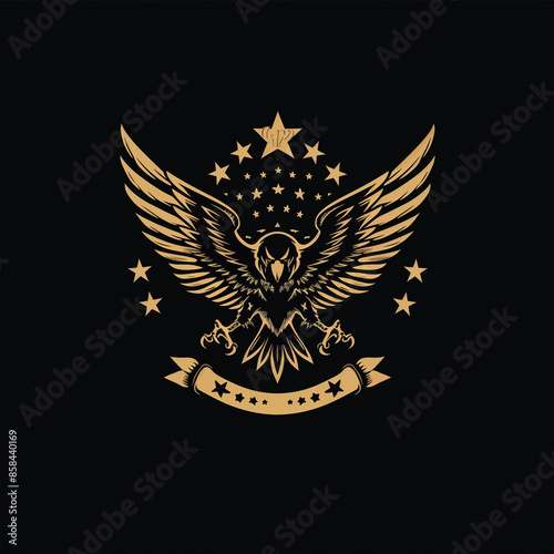 A golden eagle with outstretched wings, holding a ribbon and stars Logo