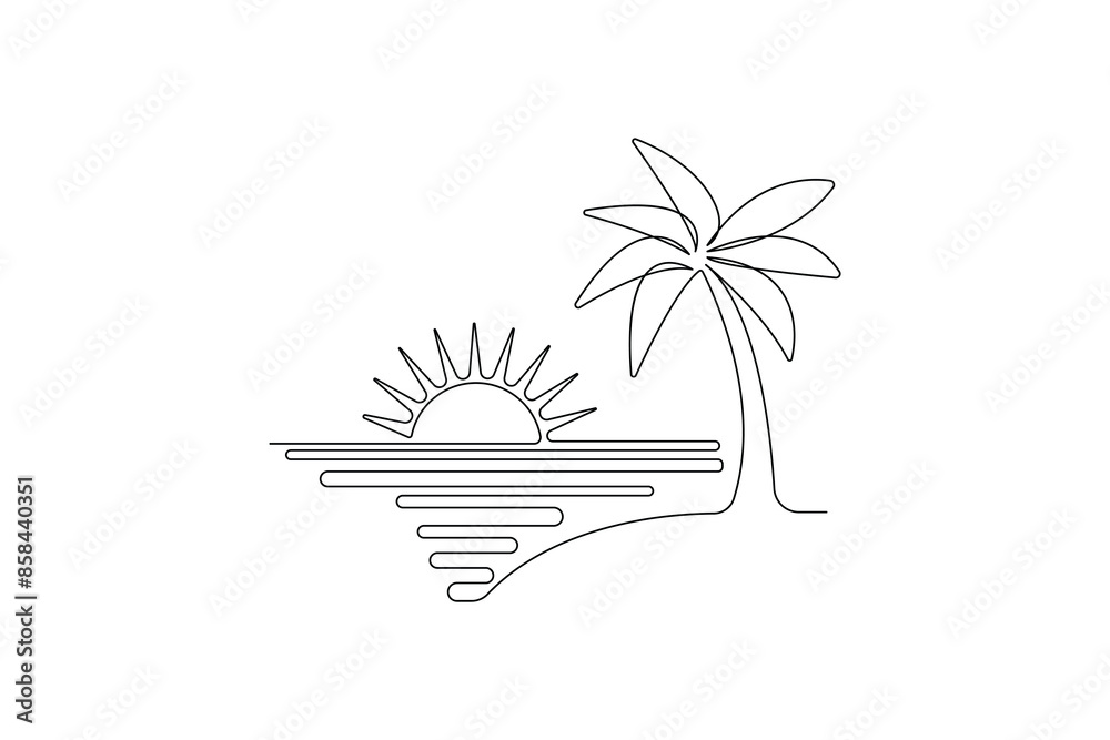 One line drawing of sunset at beach vector One line drawing of sunset at beach vector