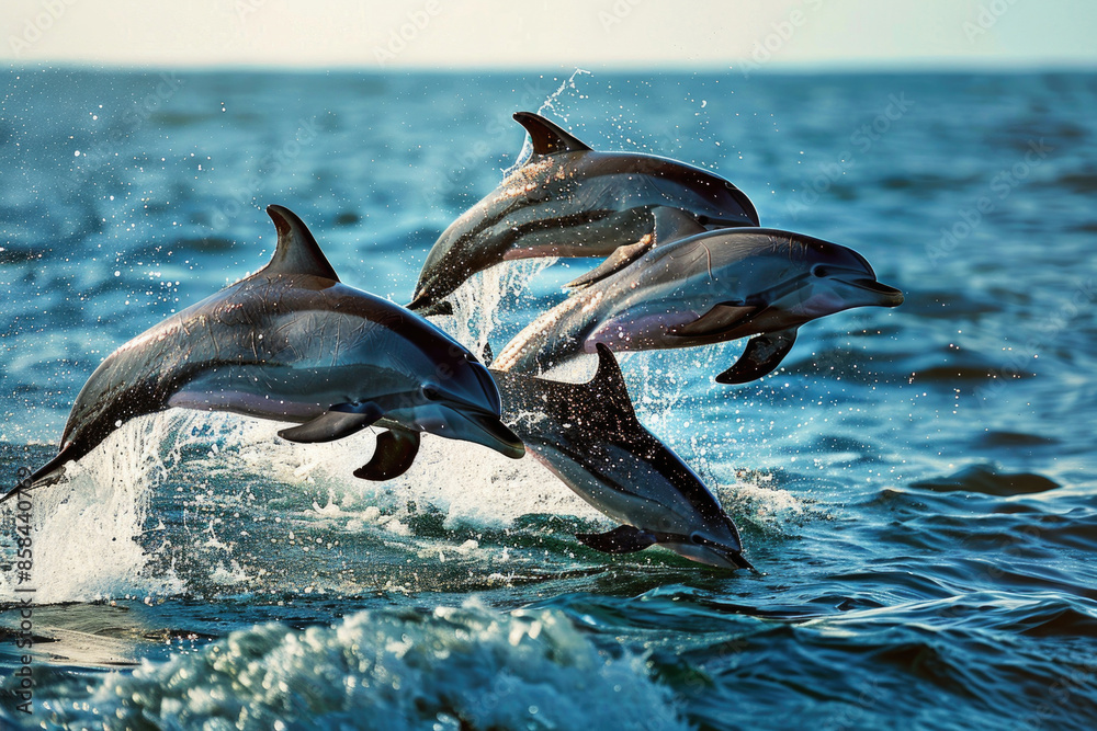 Fototapeta premium Dolphins jump and play in the ocean, creating splashes and waves