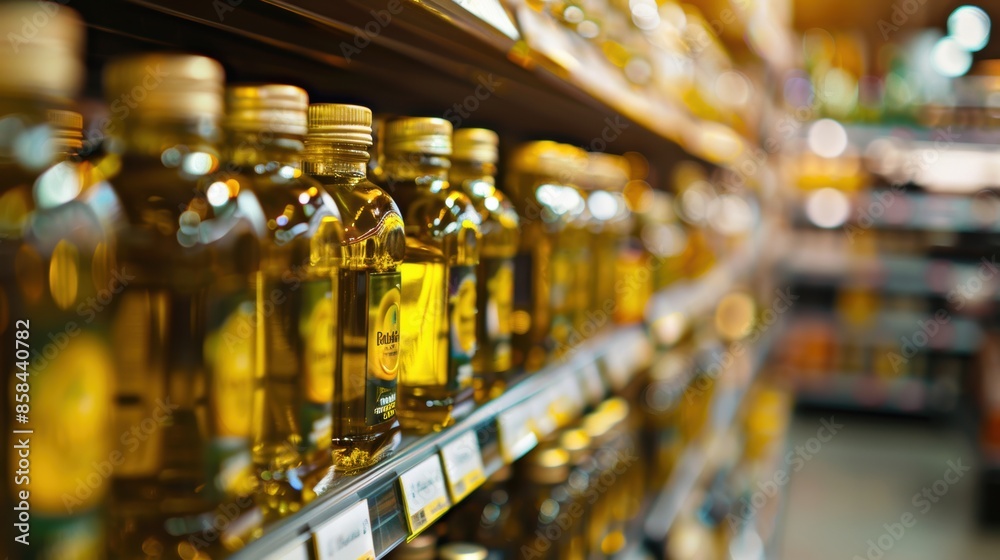 Naklejka premium Rows of olive oil bottles on supermarket shelf