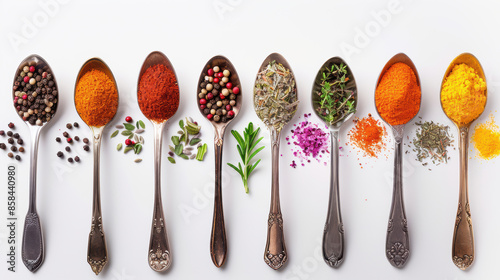 Fototapeta Naklejka Na Ścianę i Meble -  Colourful various herbs and spices for cooking on spoons , on white background , aesthetic