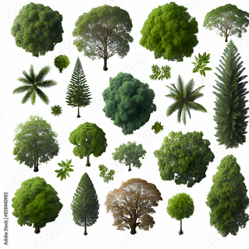 trees from above, collection of lush plants isolated on a white background.
