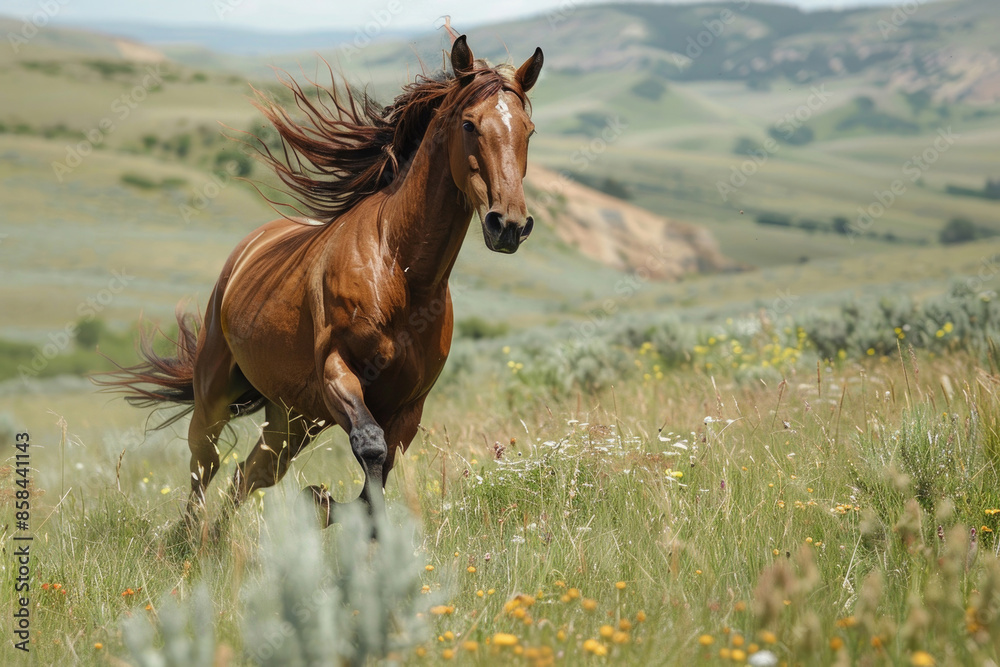 A horse gallops across a meadow, mane and tail streaming in the wind A horse gallops across a meadow, mane and tail streaming in the wind