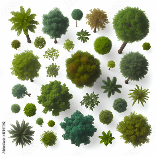 trees from above, collection of lush plants isolated on a white background.