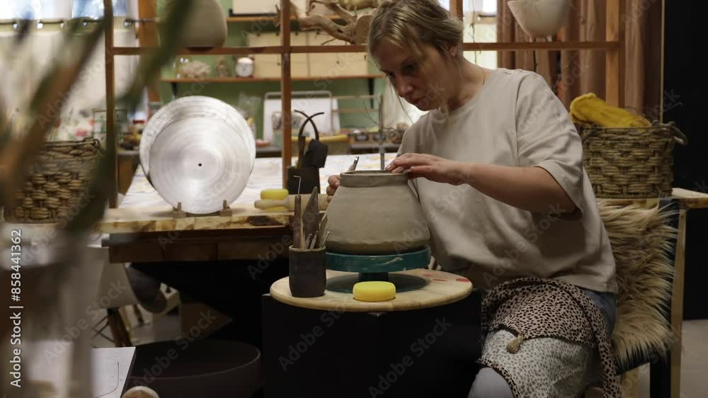 blurred background, a woman potter in her studio molding a vase on a potter's wheel
blurred background, a woman potter in her studio molding a vase on a potter's wheel