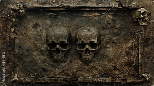 A pair of skulls sitting atop a stone or brick wall, with no additional context