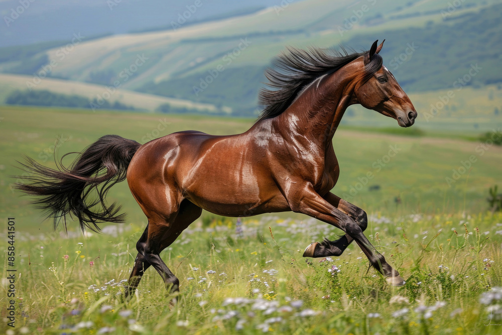 Obraz premium A horse gallops across a meadow, mane and tail streaming in the wind