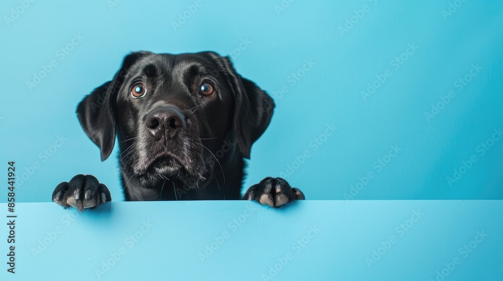 Black Labrador dog peeking over blank sign on blue background Black Labrador dog peeking over blank sign on blue background