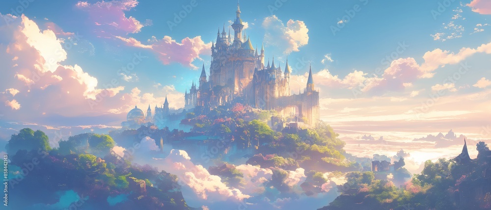 Obraz premium A castle is shown in the sky with clouds and trees. Anime background