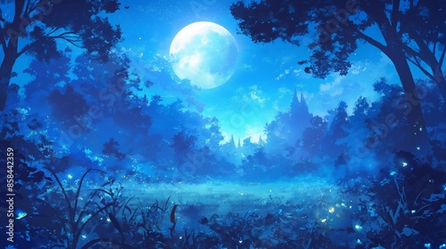 A moon is shining brightly in the sky above a forest. Anime background