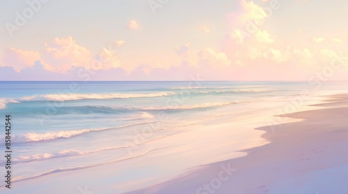 A beautiful beach scene with a calm ocean and a cloudy sky. Anime background