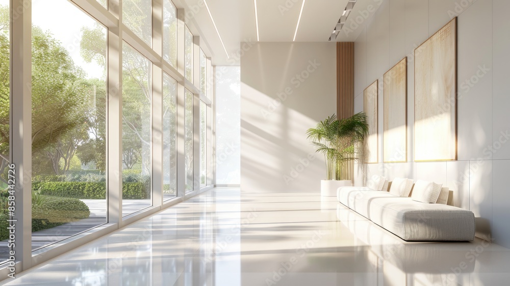 Blank Wall in Modern Office Interior with Large Bright Windows and Sunlight Streaming. 3D Rendering Blank Wall in Modern Office Interior with Large Bright Windows and Sunlight Streaming. 3D Rendering