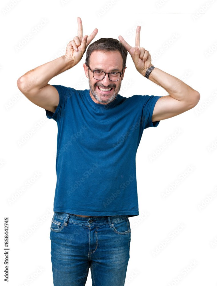Handsome middle age hoary senior man wearin glasses over isolated background Posing funny and crazy with fingers on head as bunny ears, smiling cheerful Handsome middle age hoary senior man wearin glasses over isolated background Posing funny and crazy with fingers on head as bunny ears, smiling cheerful