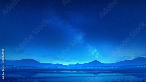 A beautiful blue sky with a large body of water and mountains in the background. Anime background
