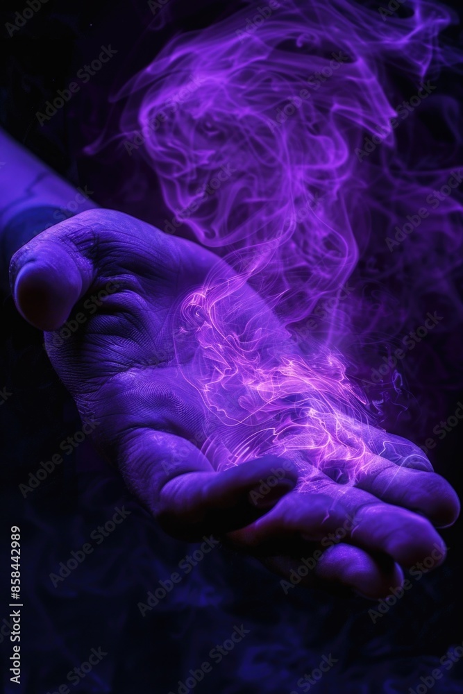 A person holds out their hand releasing purple smoke into the air A person holds out their hand releasing purple smoke into the air