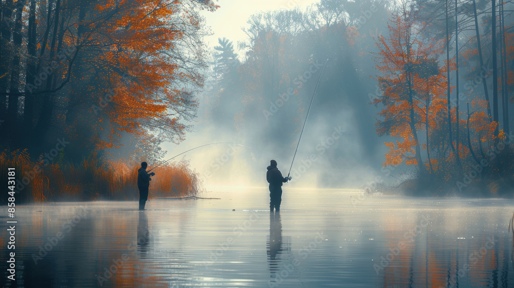 Two people Fishing on A Lake on a misty sunlit lake , symbol of patience Two people Fishing on A Lake on a misty sunlit lake , symbol of patience